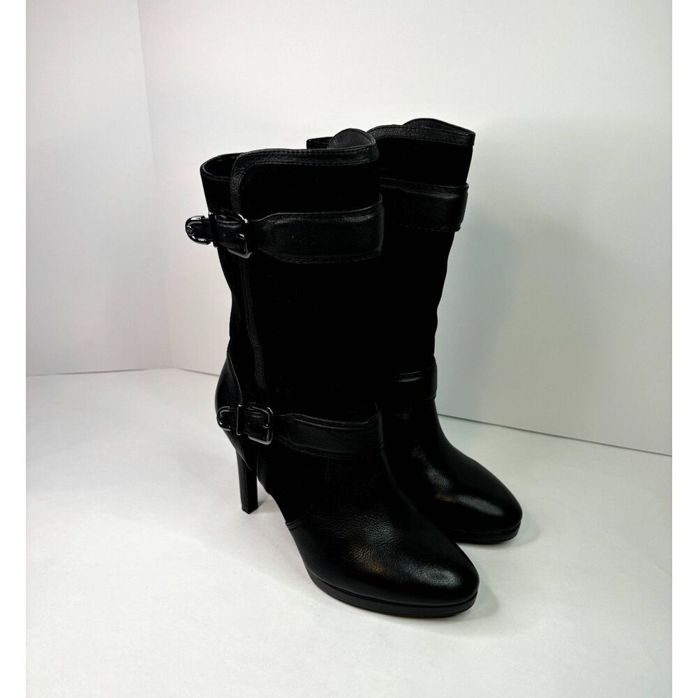 Antonio Melani Karol Black Heel Pump Leather Suede Booties Mid Calf Buckle